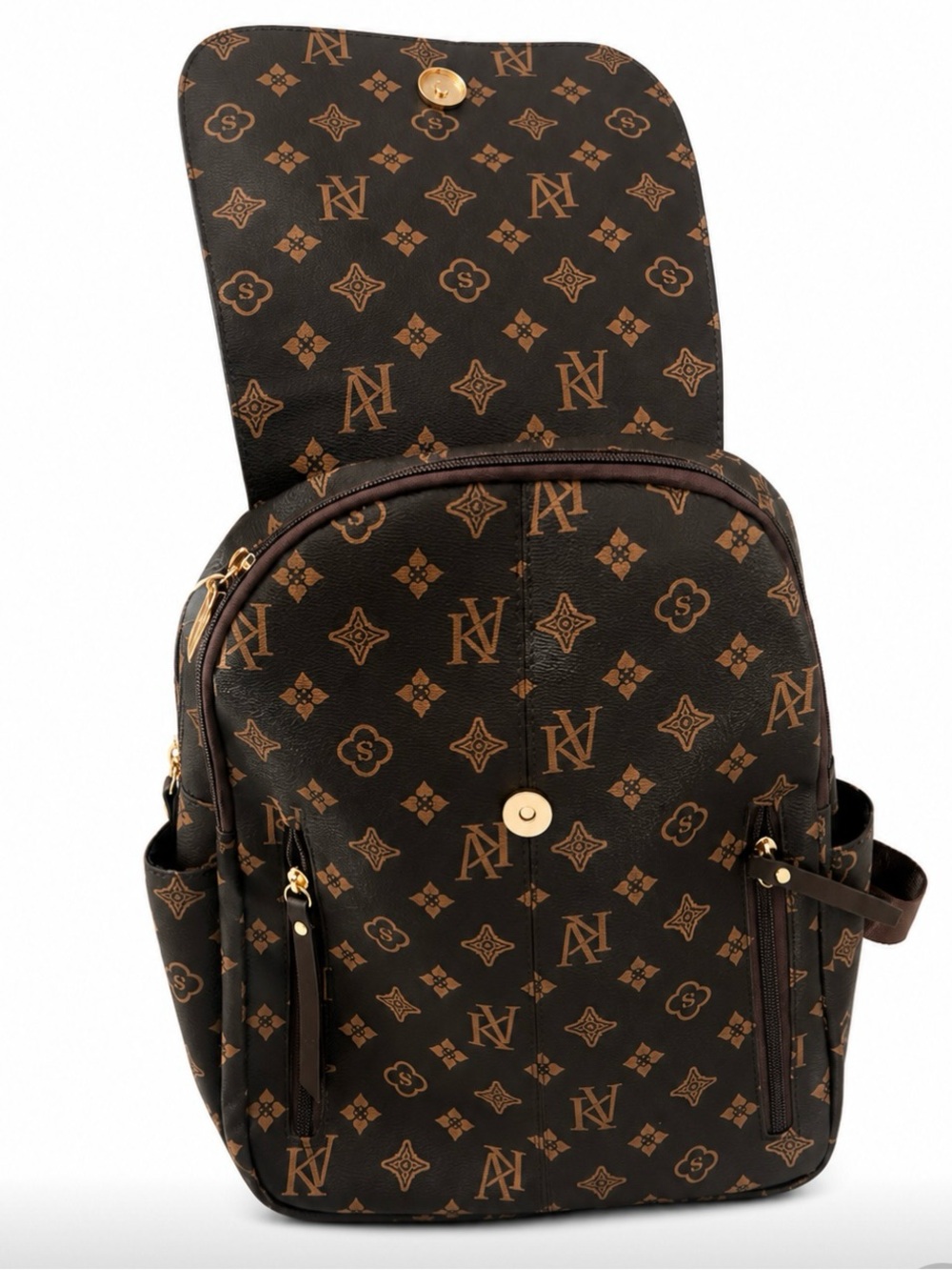 Designer-Style Brown Monogram Backpack with Gold Hardware - Picture 2 of 3